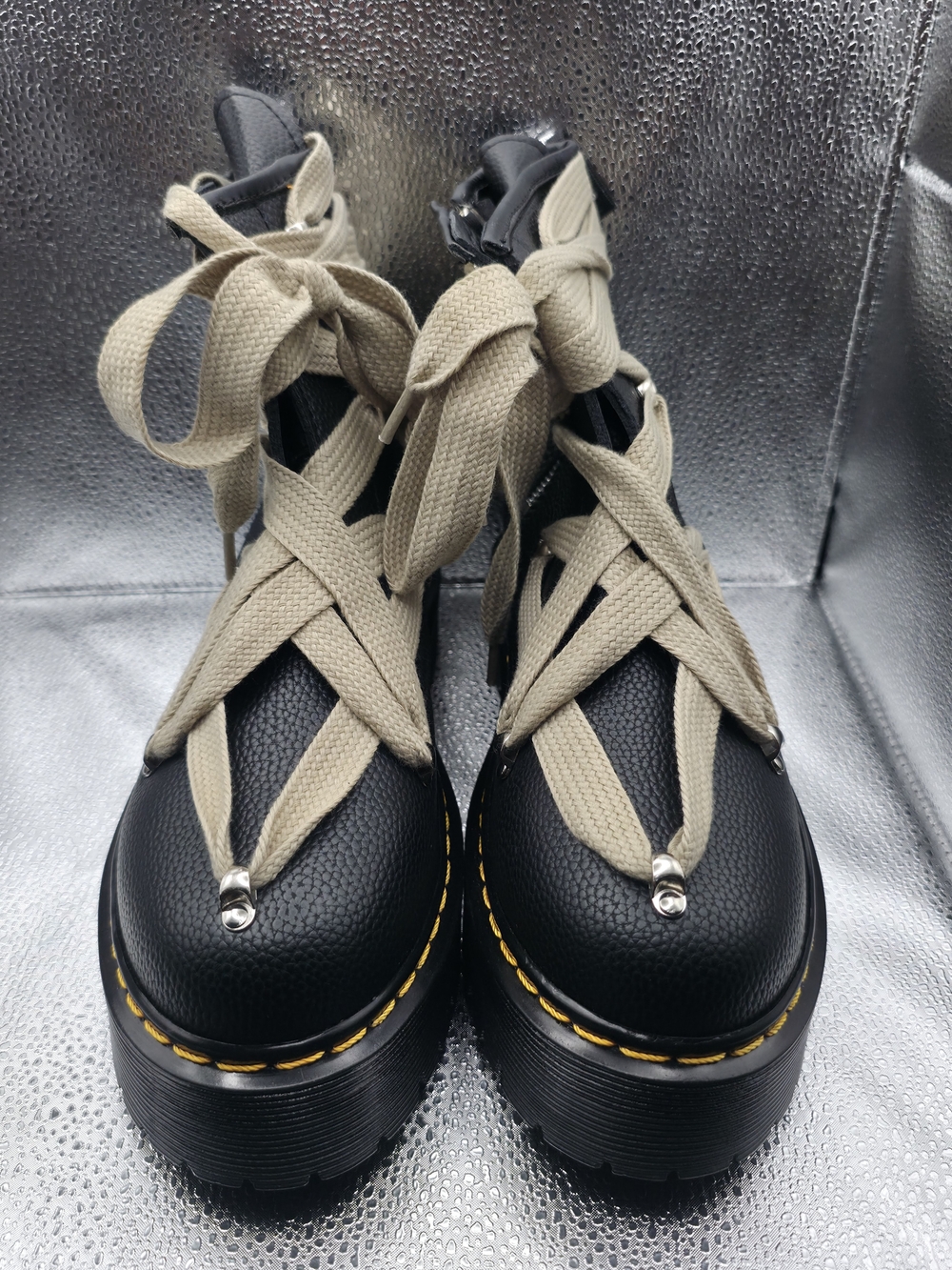 Dr. Martens Black Platform Lace-Up Boots with Khaki Laces